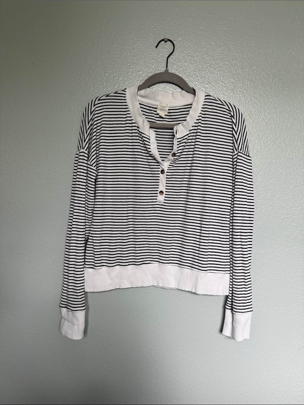 ROAN + RYAN medium Striped Black and White Henley Long-Sleeve Top - Women